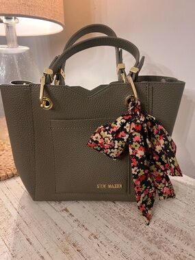 Steve Madden Olive Green Textured Tote with Floral Scarf Accent